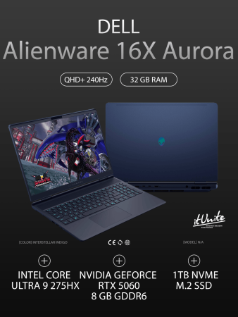 Ноутбук Dell Alienware 16X Aurora (Ultra 9 275HX 2.7GHz/240Hz/2560x1600/32GB/1TB SSD/RTX 5060 8GB/Win 11)